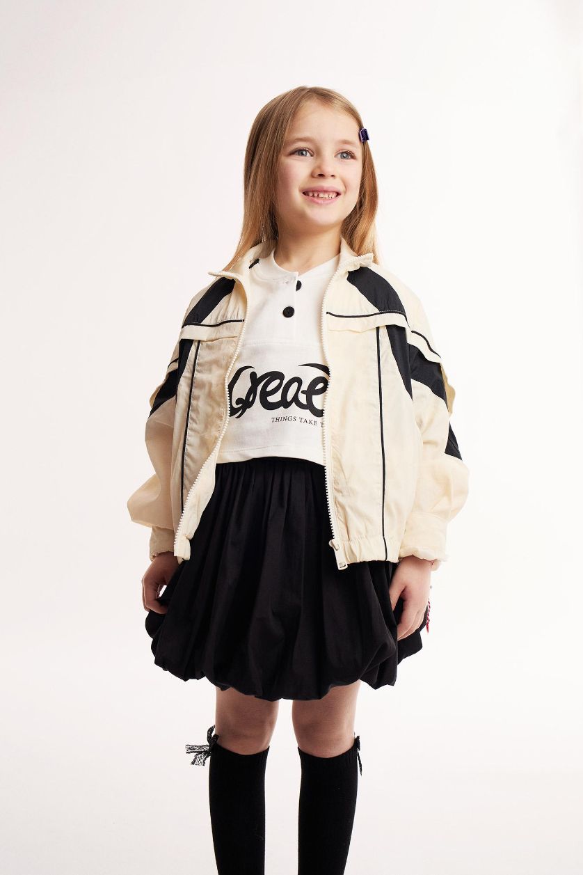 Kız Çocuk - Genç Kız Ekru Su Geçirmez Kapüşonlu Fermuarlı Cepli Yağmurluk Kız Çocuk