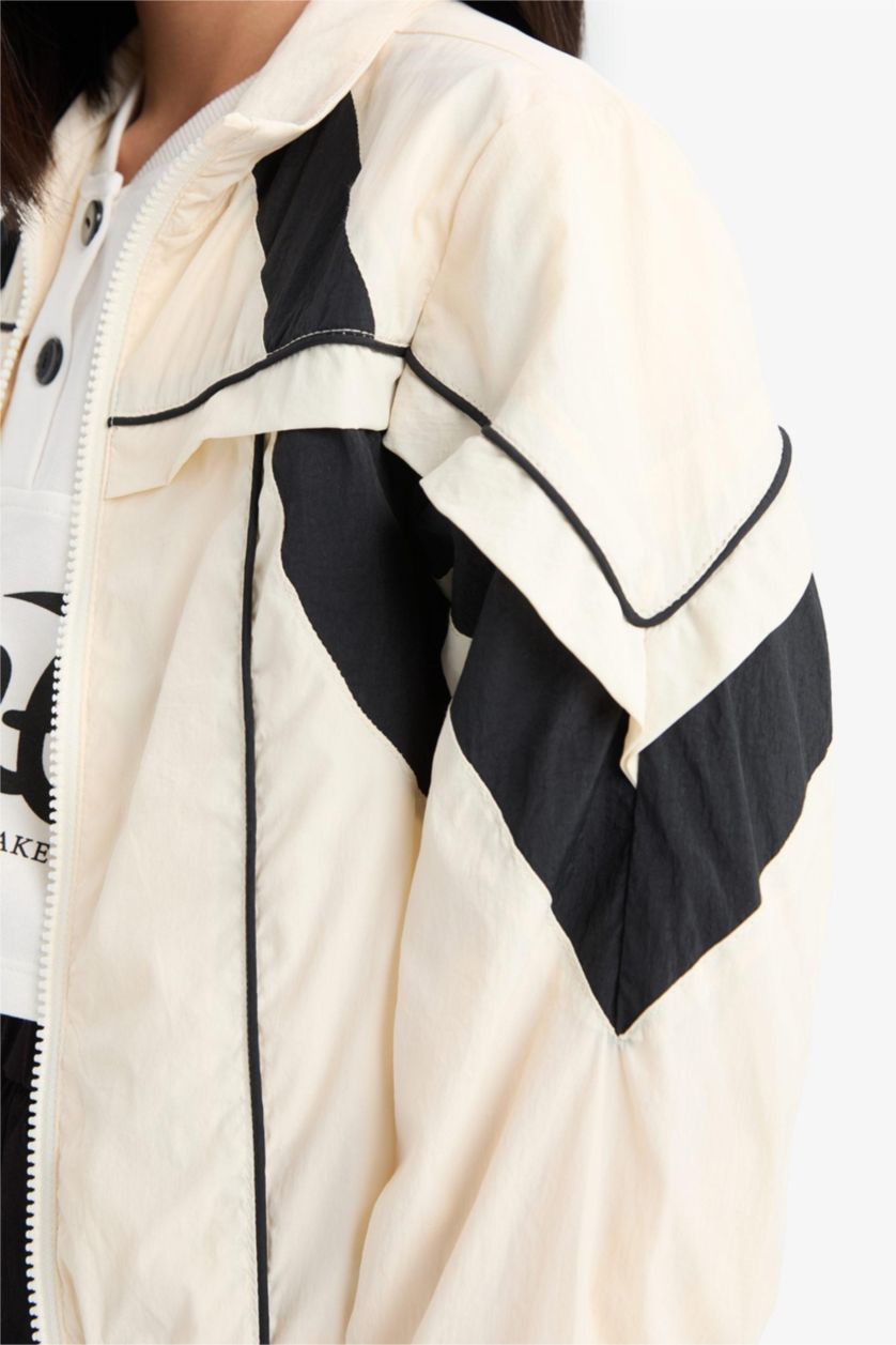 Kız Çocuk - Genç Kız Ekru Su Geçirmez Kapüşonlu Fermuarlı Cepli Yağmurluk Kız Çocuk