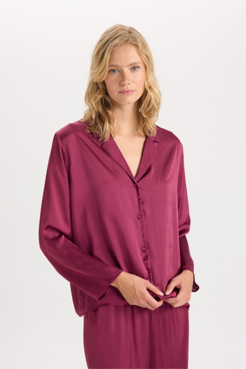 Kadın Koyu Mor Pijama Takım Basic Düz Saten Uzun Kollu Üst Beli Lastikli Alt