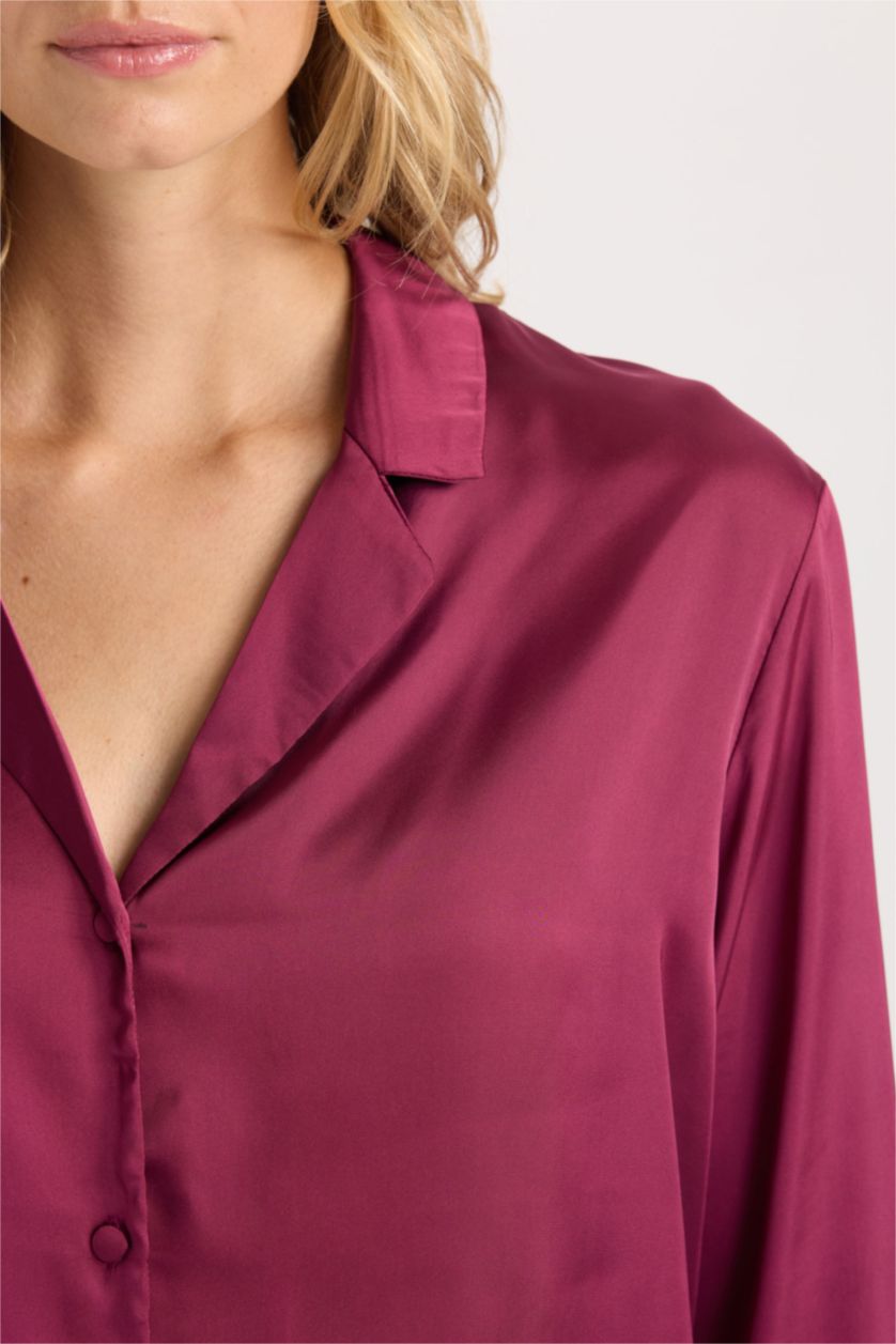 Kadın Koyu Mor Pijama Takım Basic Düz Saten Uzun Kollu Üst Beli Lastikli Alt