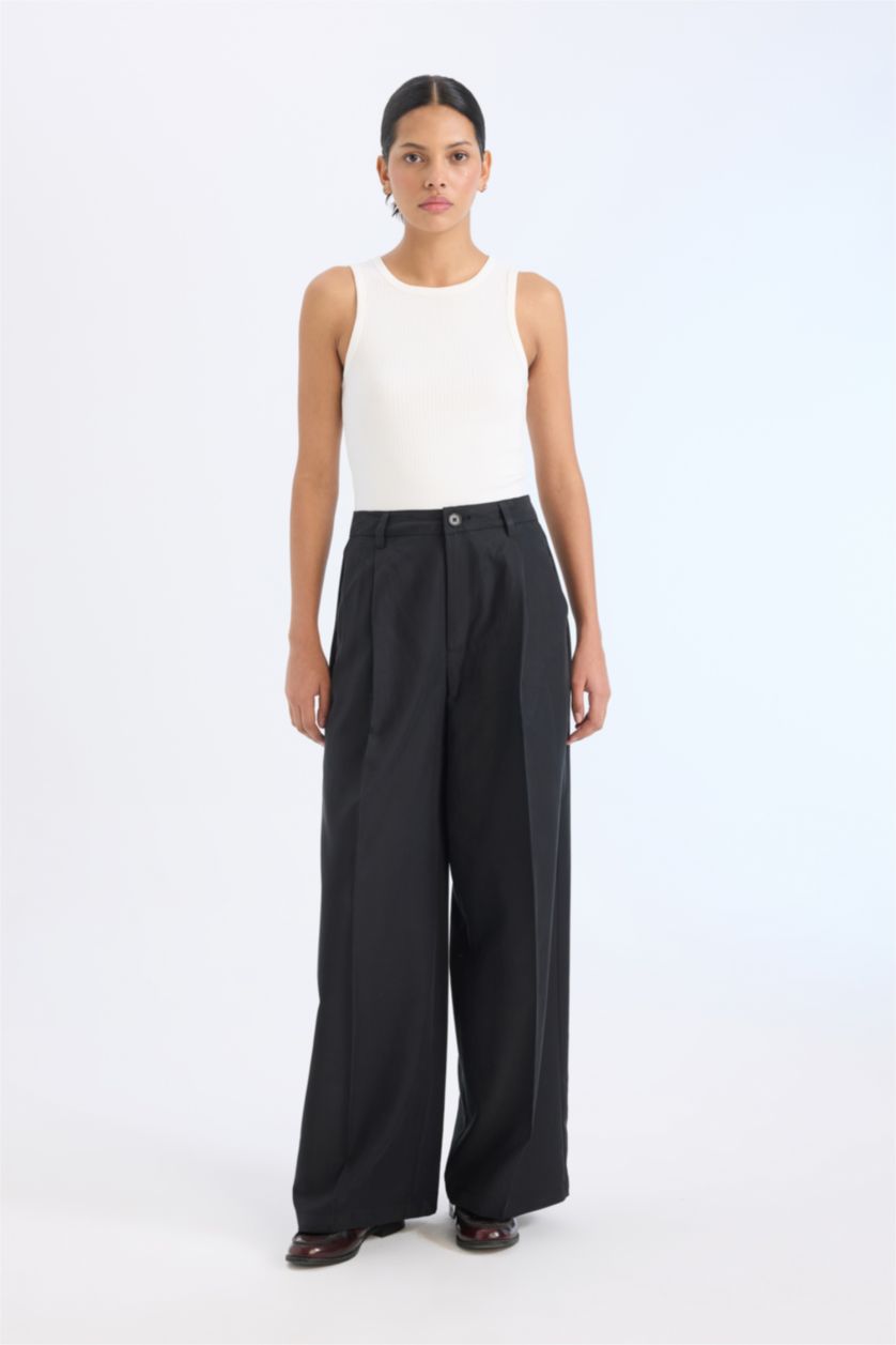 Woman Black Wide Leg High Waist Long Modal Trousers