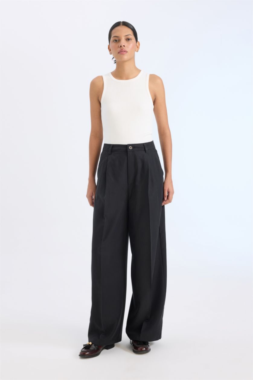 Woman Black Wide Leg High Waist Long Modal Trousers