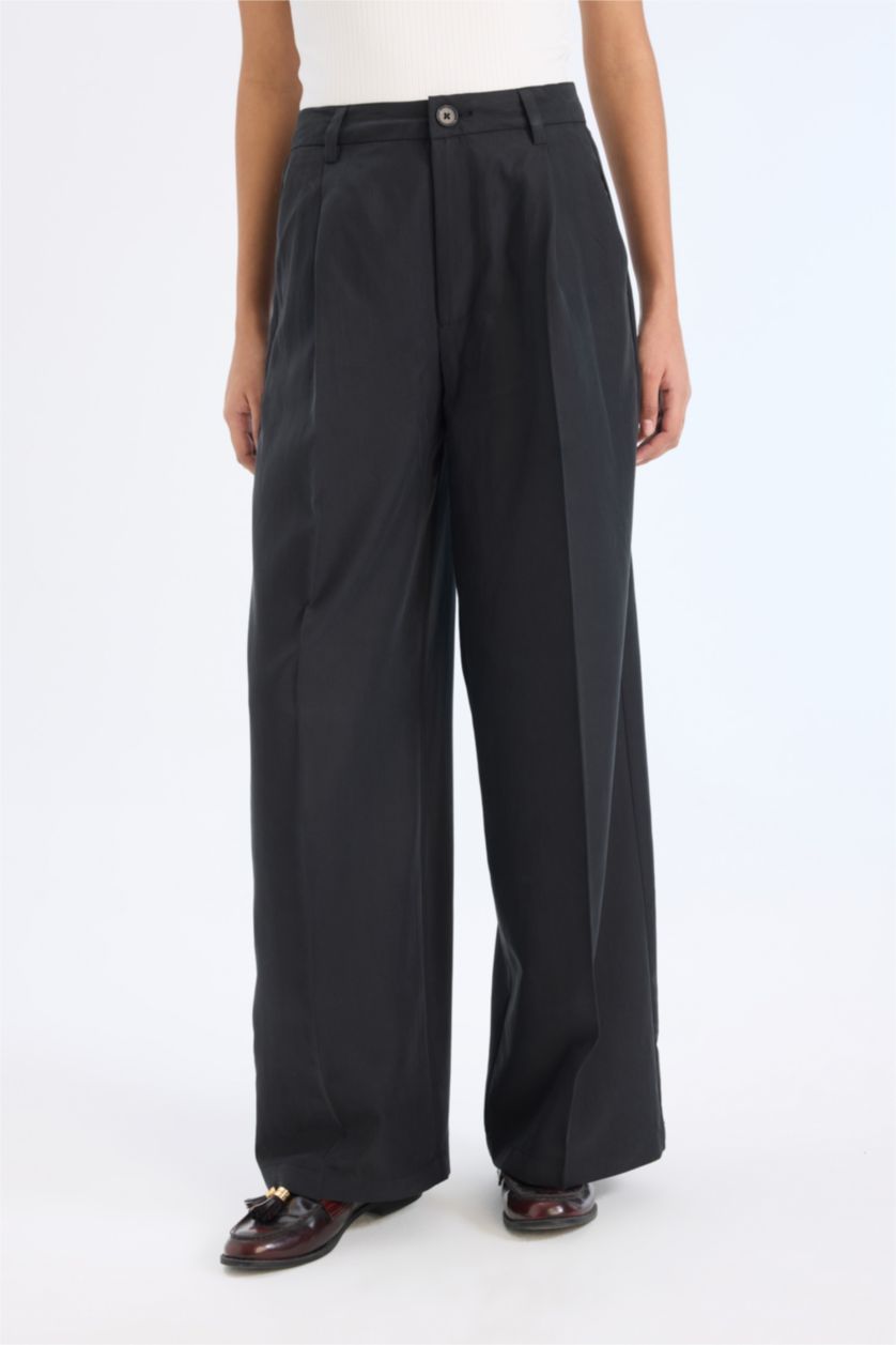 Woman Black Wide Leg High Waist Long Modal Trousers