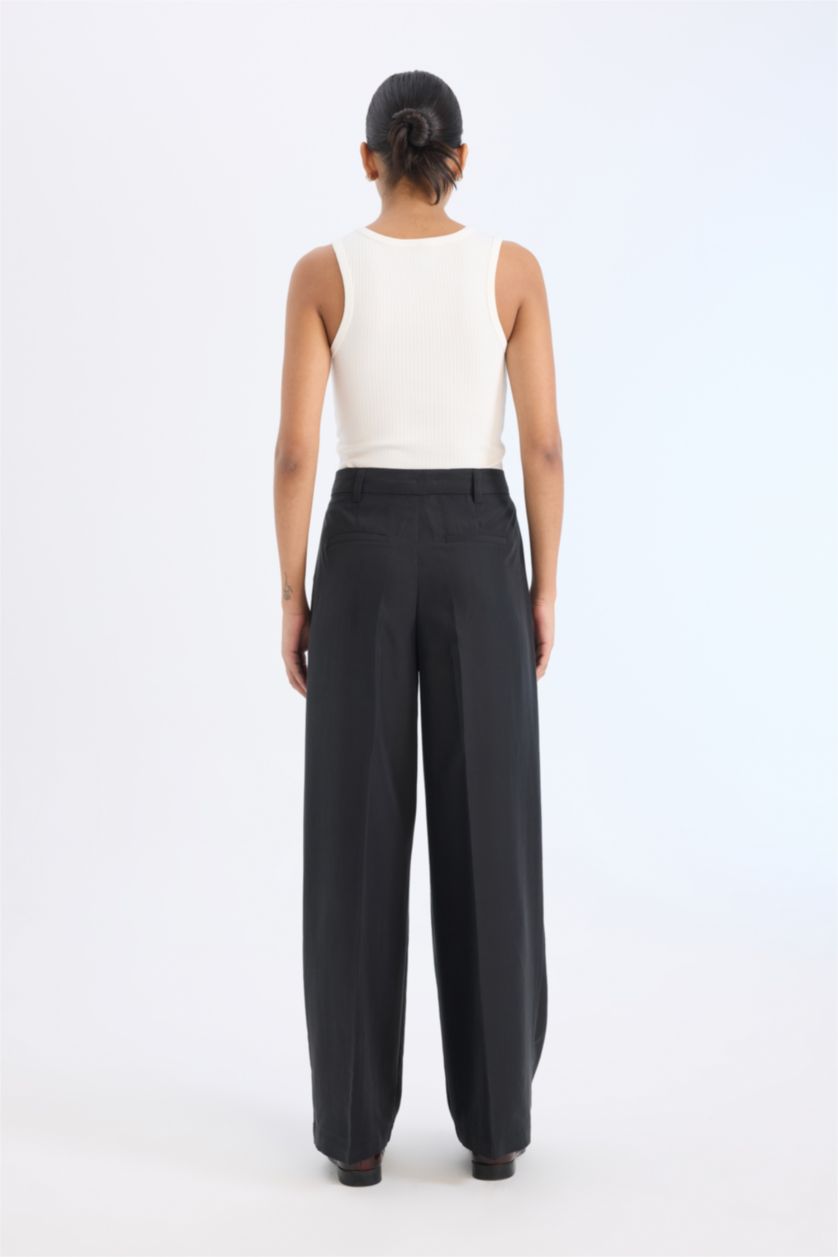 Woman Black Wide Leg High Waist Long Modal Trousers