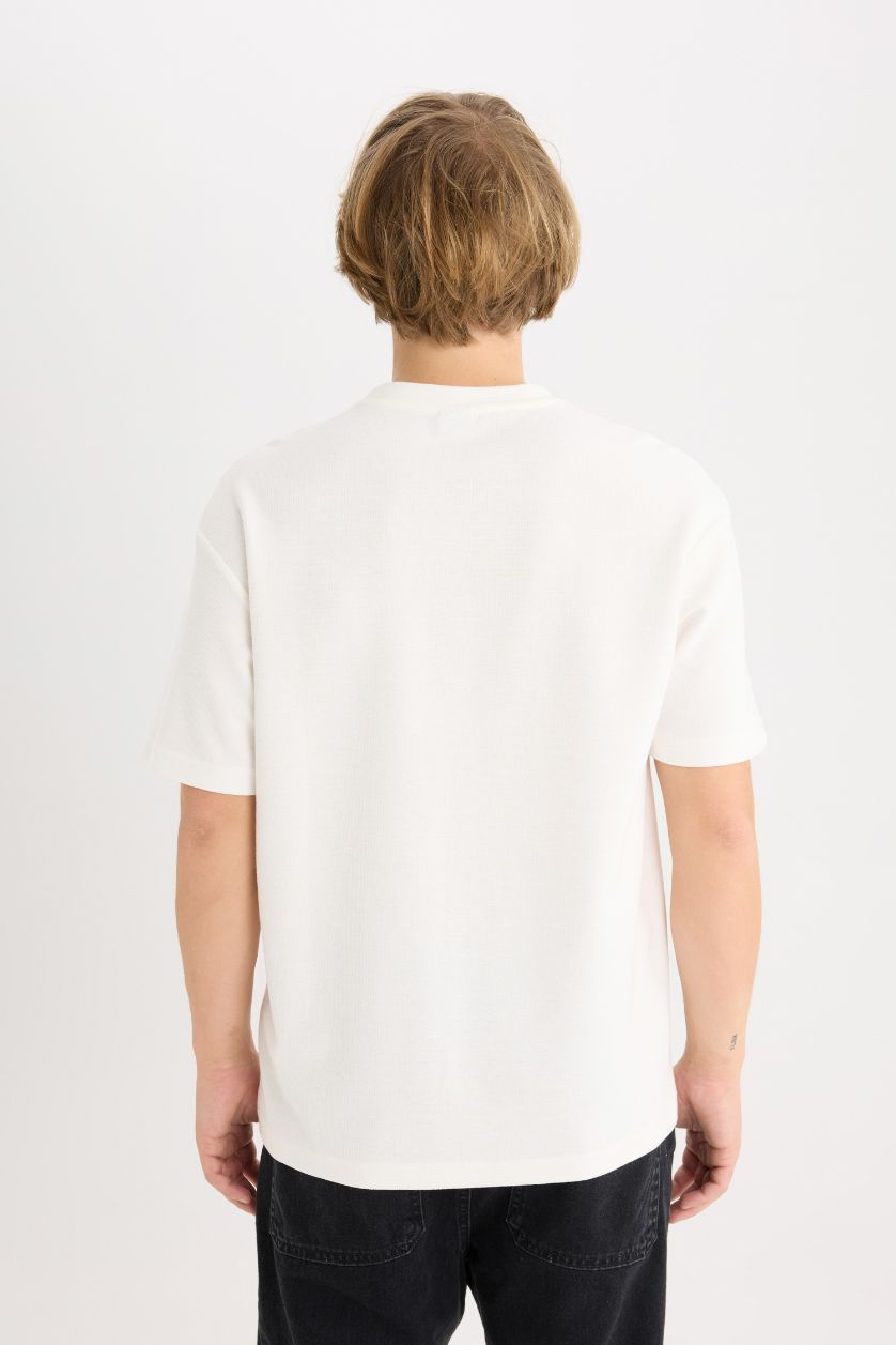 رجال بيج فاتح تيشيرت نص ردن اوفر سايز بياخة مستديرة