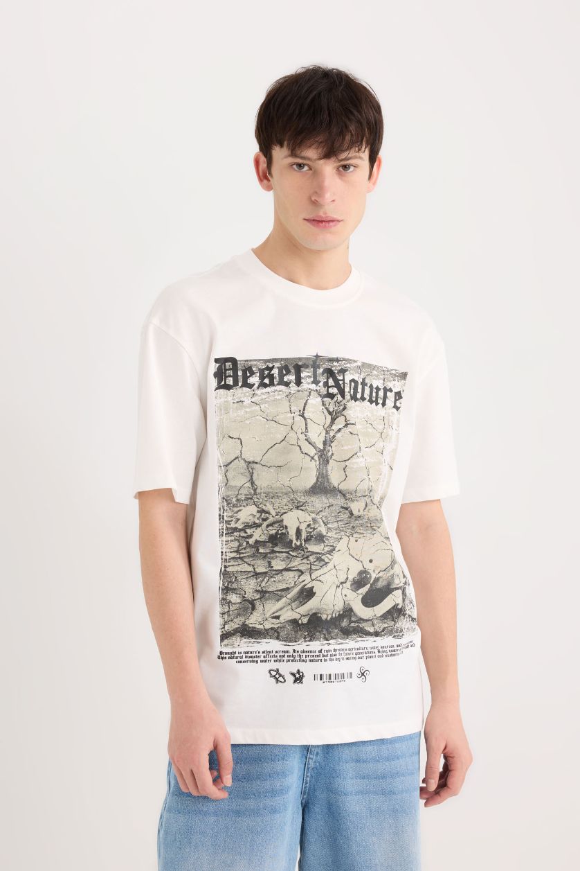 رجالي بيج فاتح تيشيرت قطن اوفر سايز نص كم برقبة مستديرة