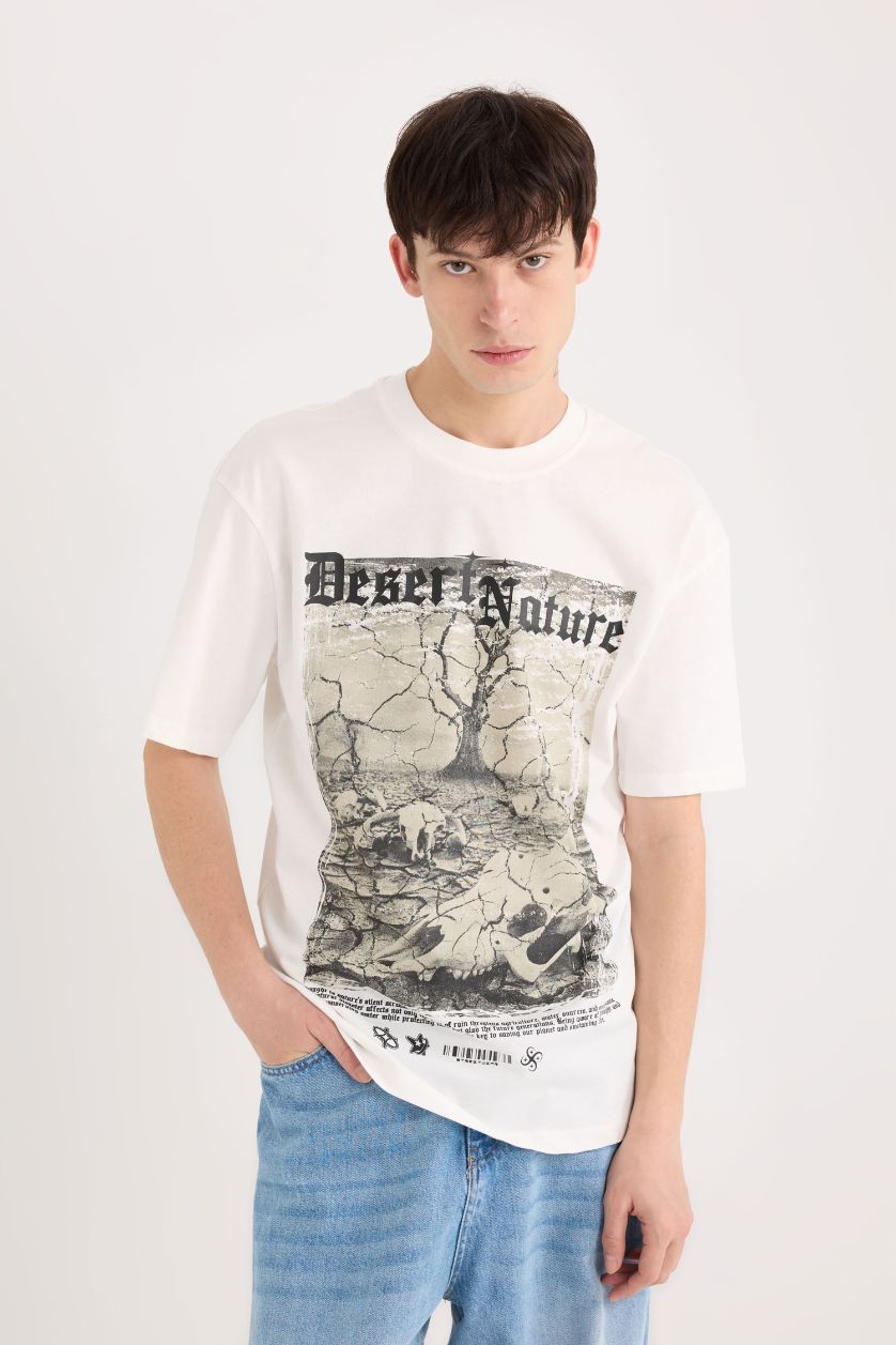 رجالي بيج فاتح تيشيرت قطن اوفر سايز نص كم برقبة مستديرة