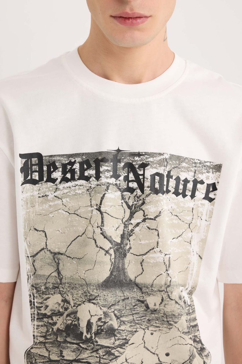 رجالي بيج فاتح تيشيرت قطن اوفر سايز نص كم برقبة مستديرة