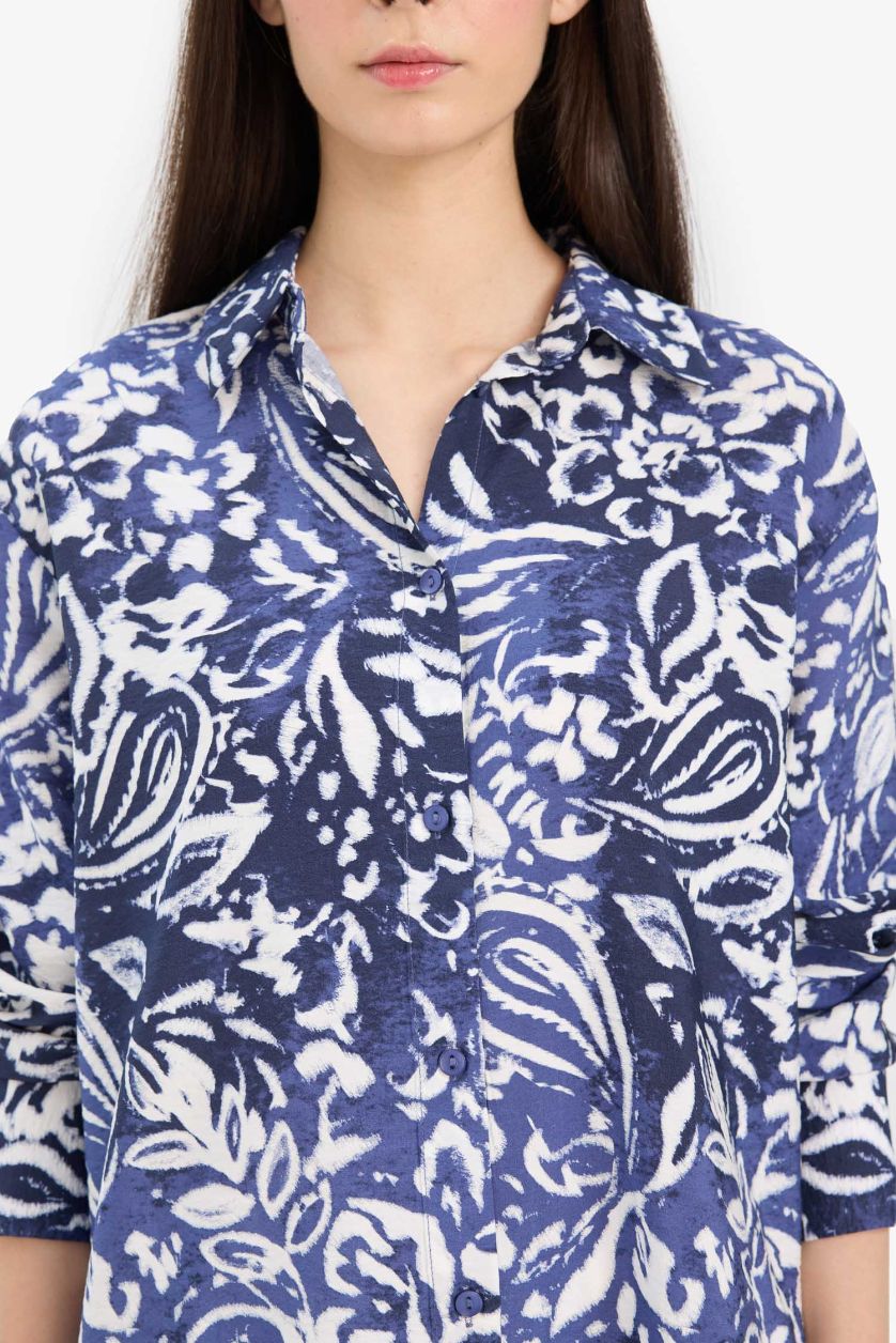 نساء كحلي قميص كم طويل مطبوعة قصة عادية بياقة قميص