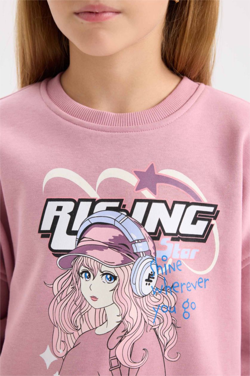 بنات وردي سويت شيرت بناتي اوفر سايز بياخة مستديرة