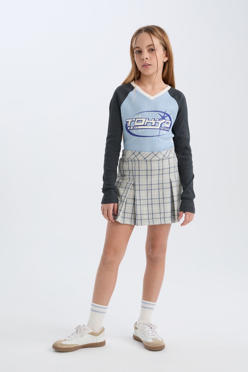 FILLES BLEU Clair T-shirt Slim à col en V imprimé à manches longues pour Fille