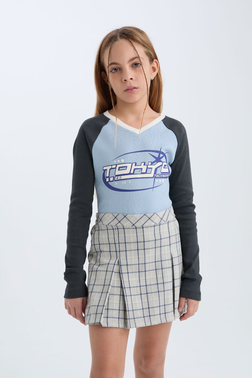 FILLES BLEU Clair T-shirt Slim à col en V imprimé à manches longues pour Fille