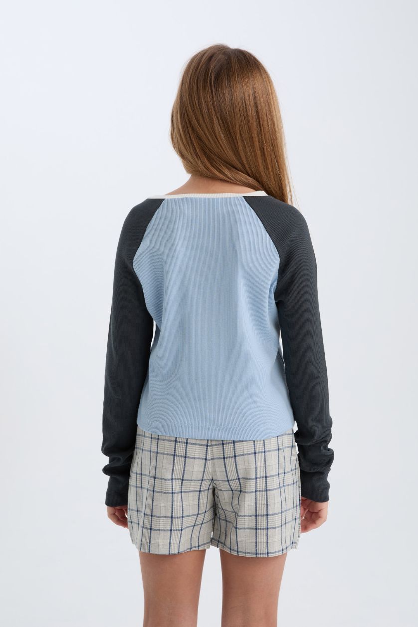 FILLES BLEU Clair T-shirt Slim à col en V imprimé à manches longues pour Fille