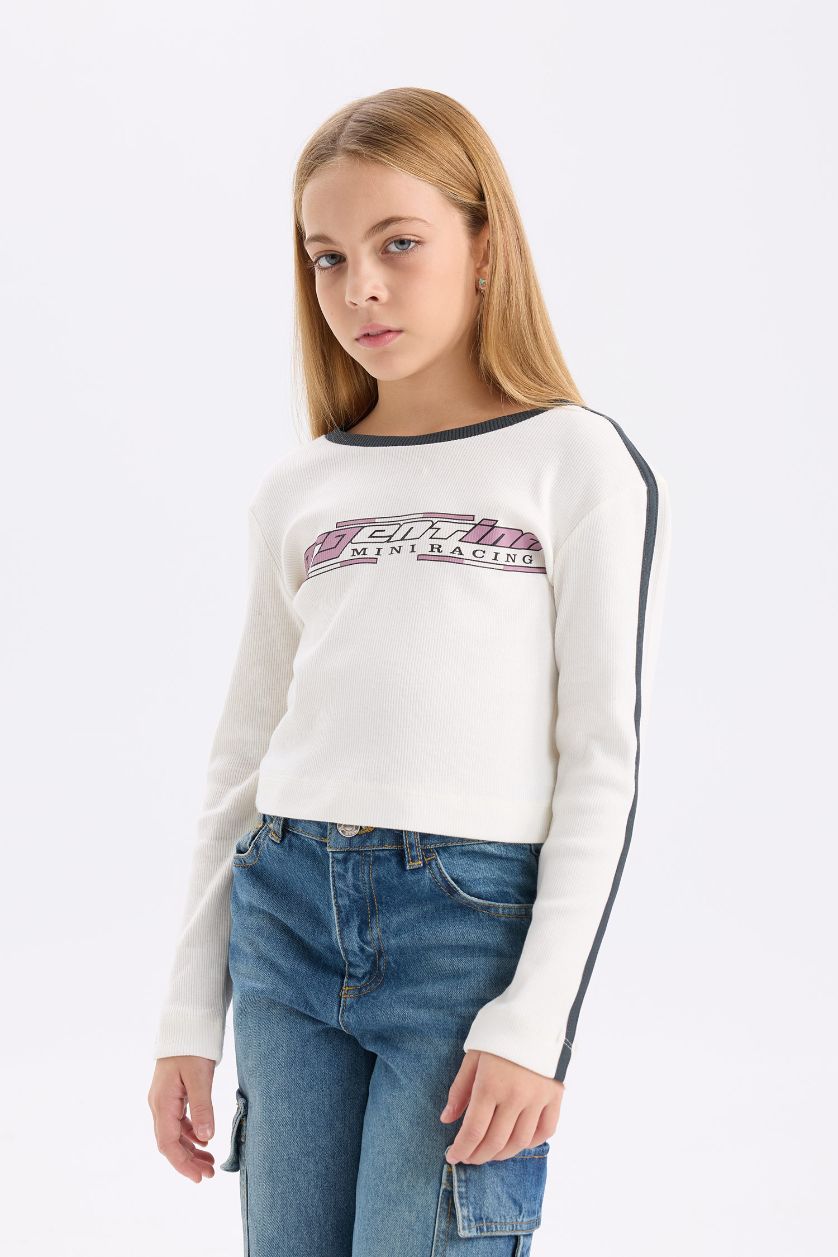 GIRLS & TEENS Ecru Girl Slim Fit Crew Neck Printed Ribbed Camisole T-Shirt