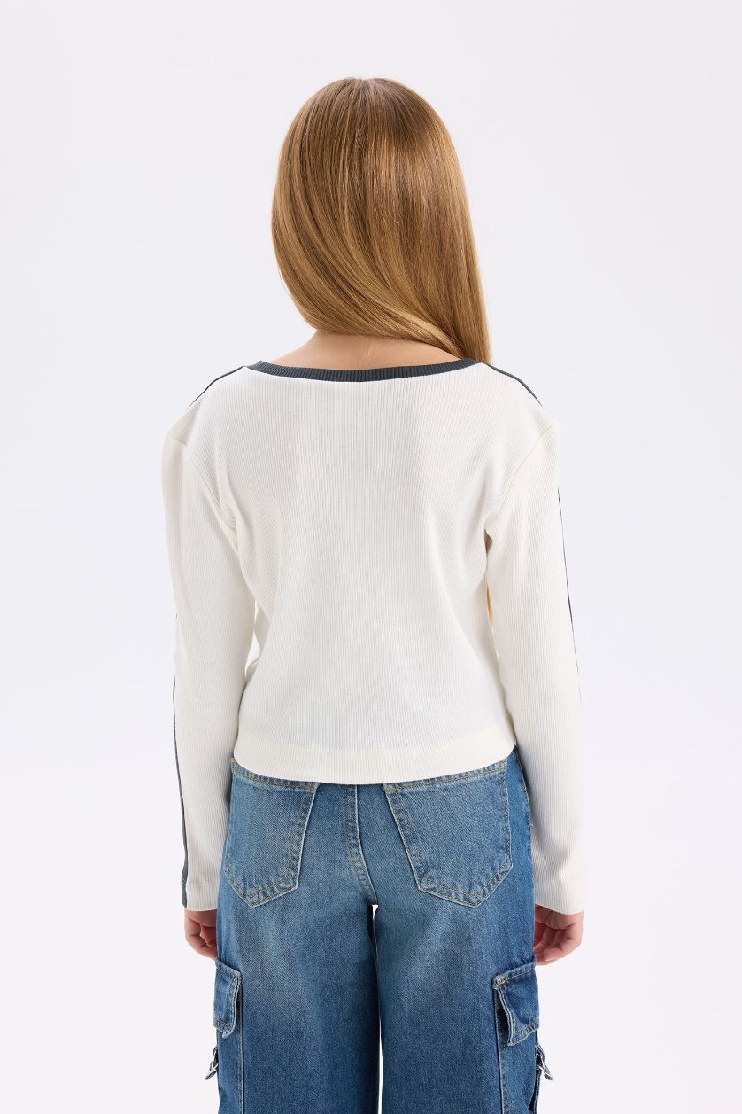 GIRLS & TEENS Ecru Girl Slim Fit Crew Neck Printed Ribbed Camisole T-Shirt