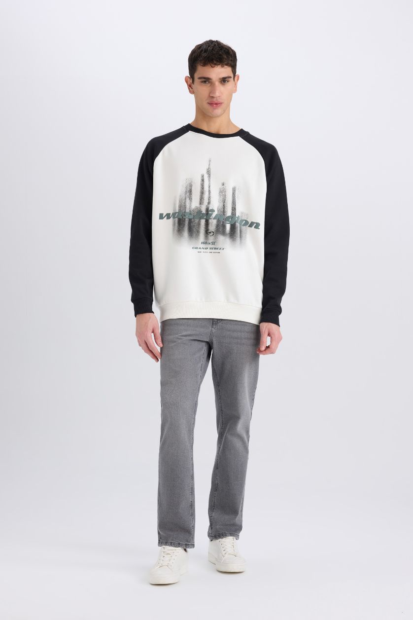 Erkek Ekru Oversıze Bisiklet Yaka Baskılı Sweatshirt