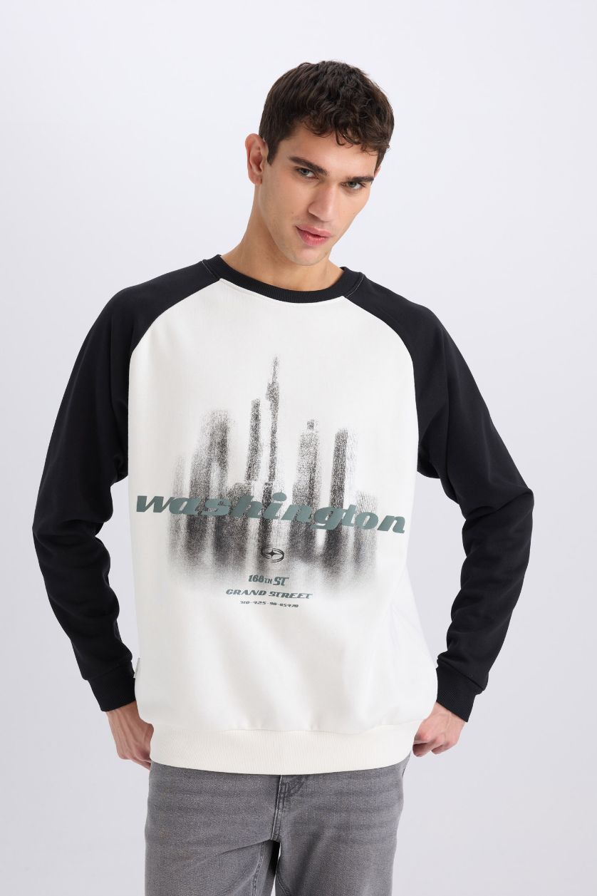 Erkek Ekru Oversıze Bisiklet Yaka Baskılı Sweatshirt