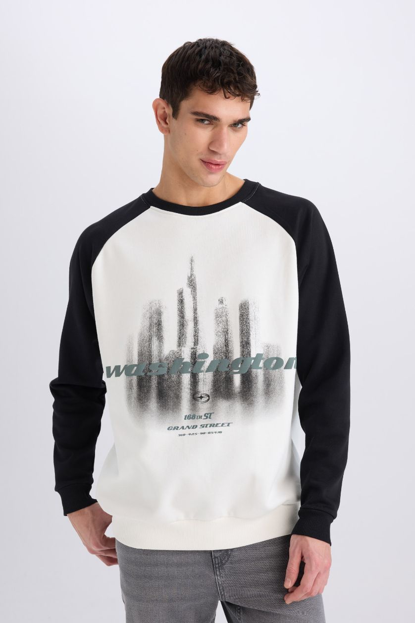 Erkek Ekru Oversıze Bisiklet Yaka Baskılı Sweatshirt