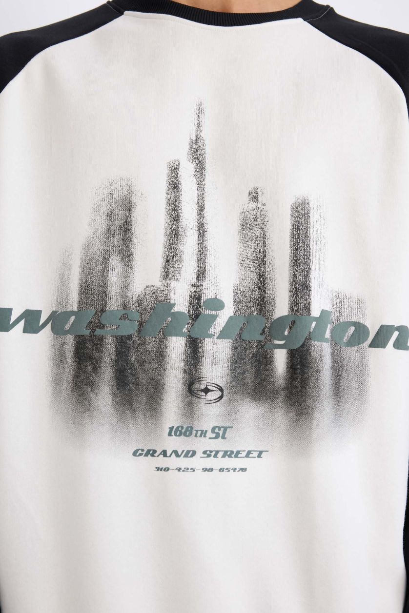 Erkek Ekru Oversıze Bisiklet Yaka Baskılı Sweatshirt