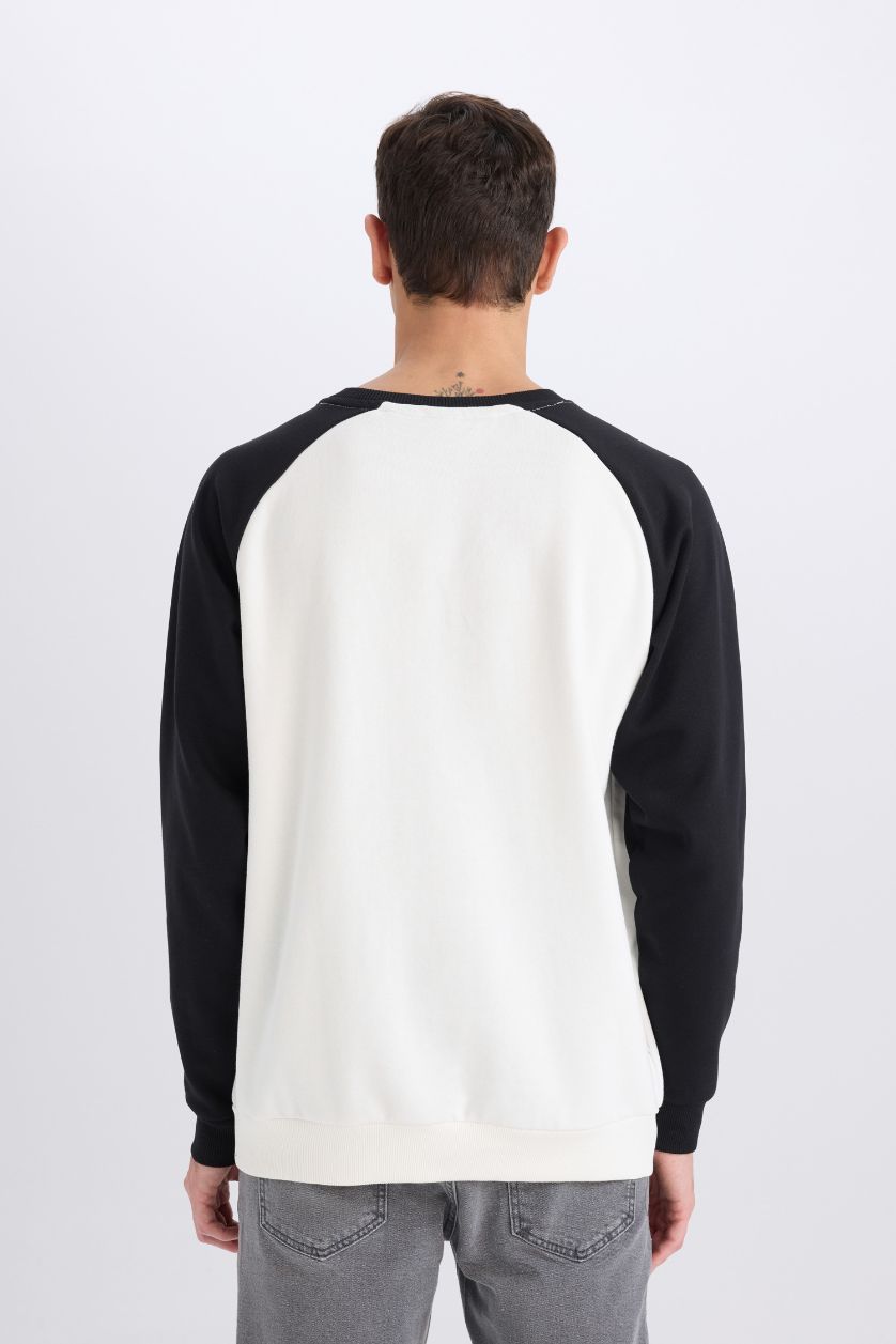 Erkek Ekru Oversıze Bisiklet Yaka Baskılı Sweatshirt