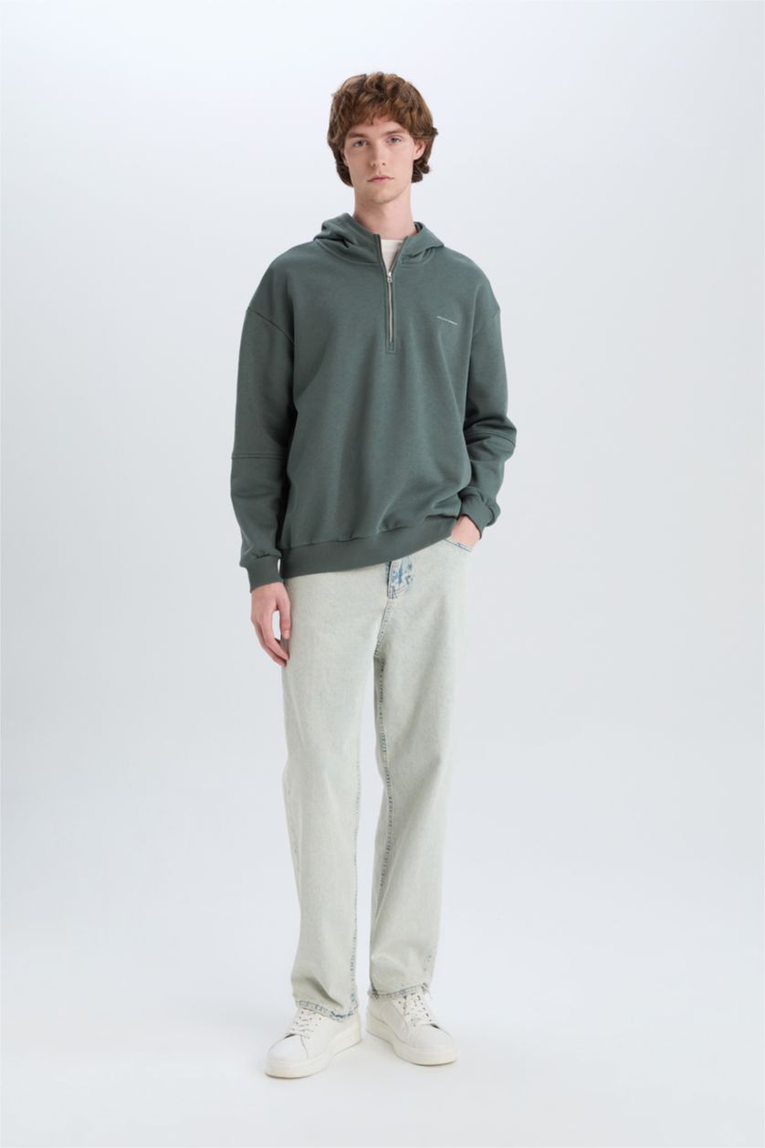 Erkek Yeşil Boxy Fit Kapüşonlu Yarım Fermuarlı Baskılı Sweatshirt