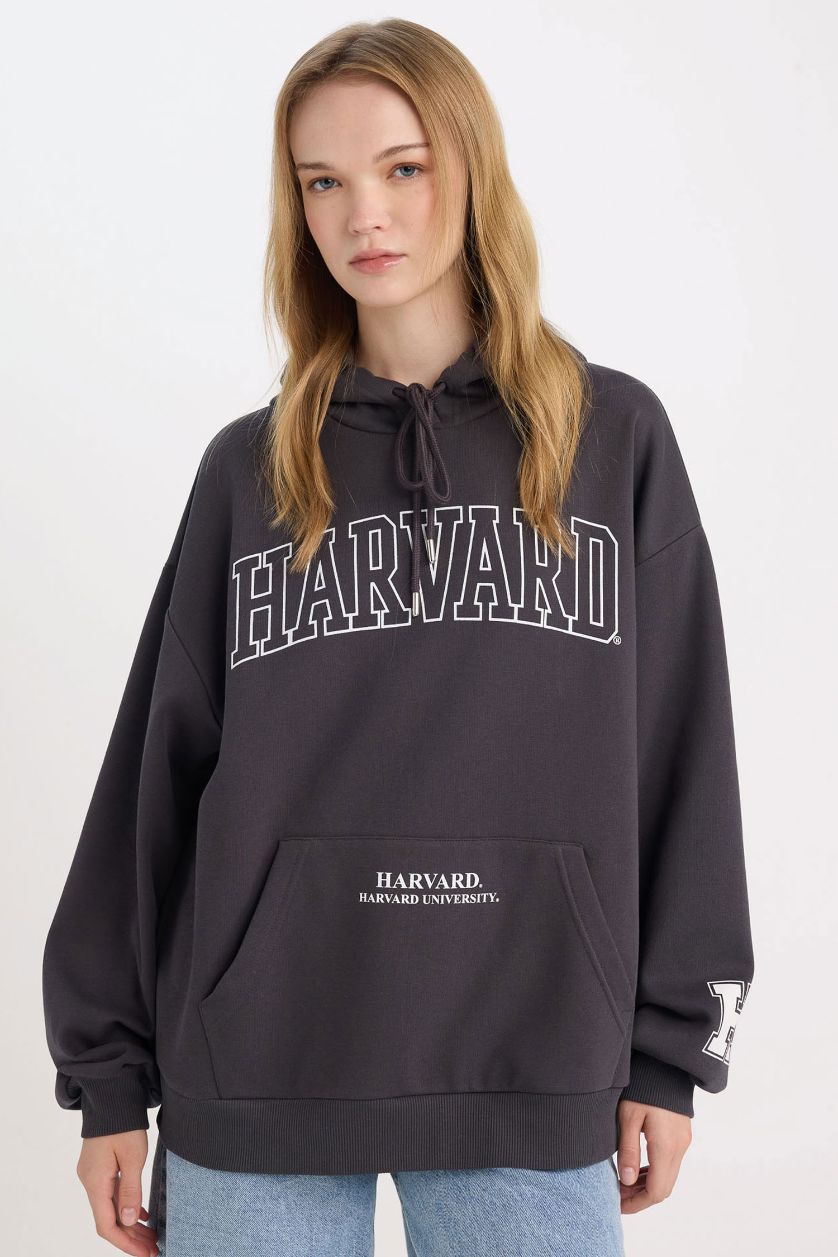 Kadın Antrasit Harvard University Oversize Geniş Kalıp Kapüşonlu Cepli Kalın Sweatshirt