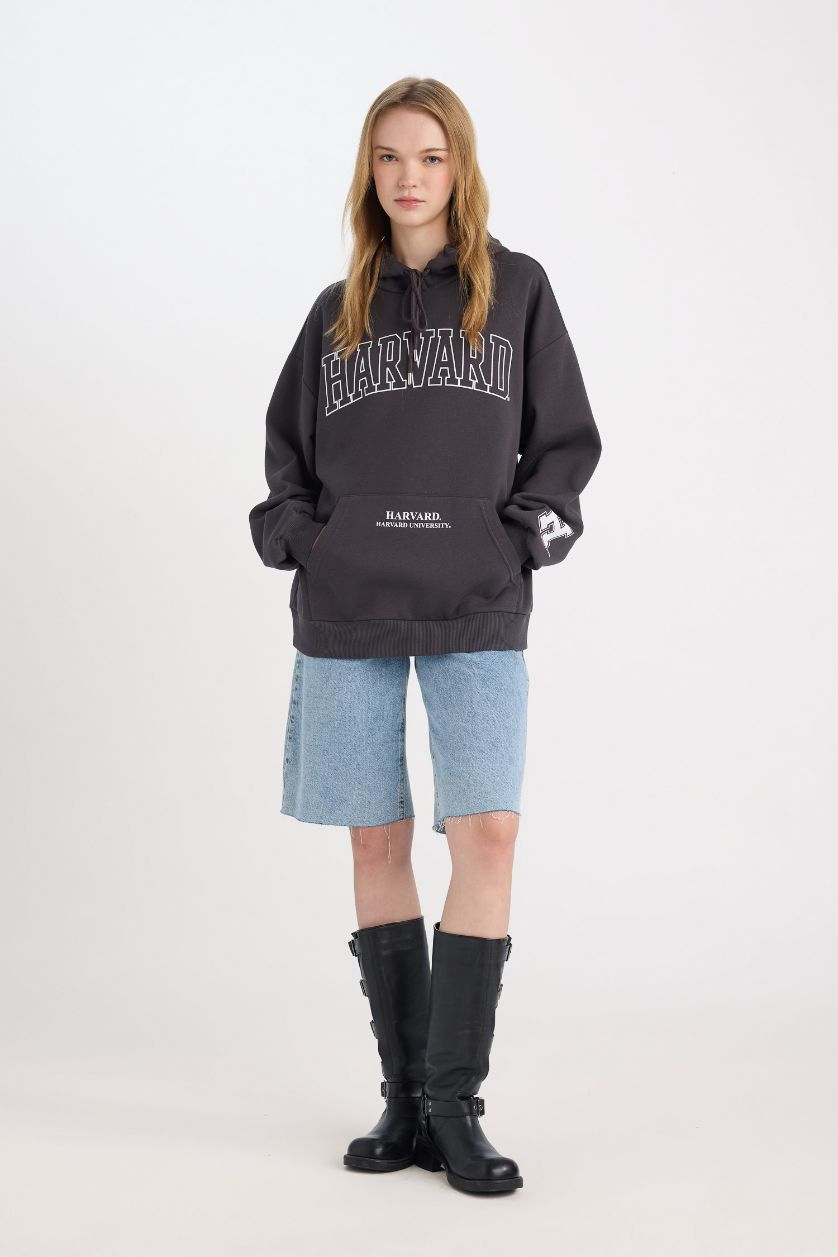 Kadın Antrasit Harvard University Oversize Geniş Kalıp Kapüşonlu Cepli Kalın Sweatshirt