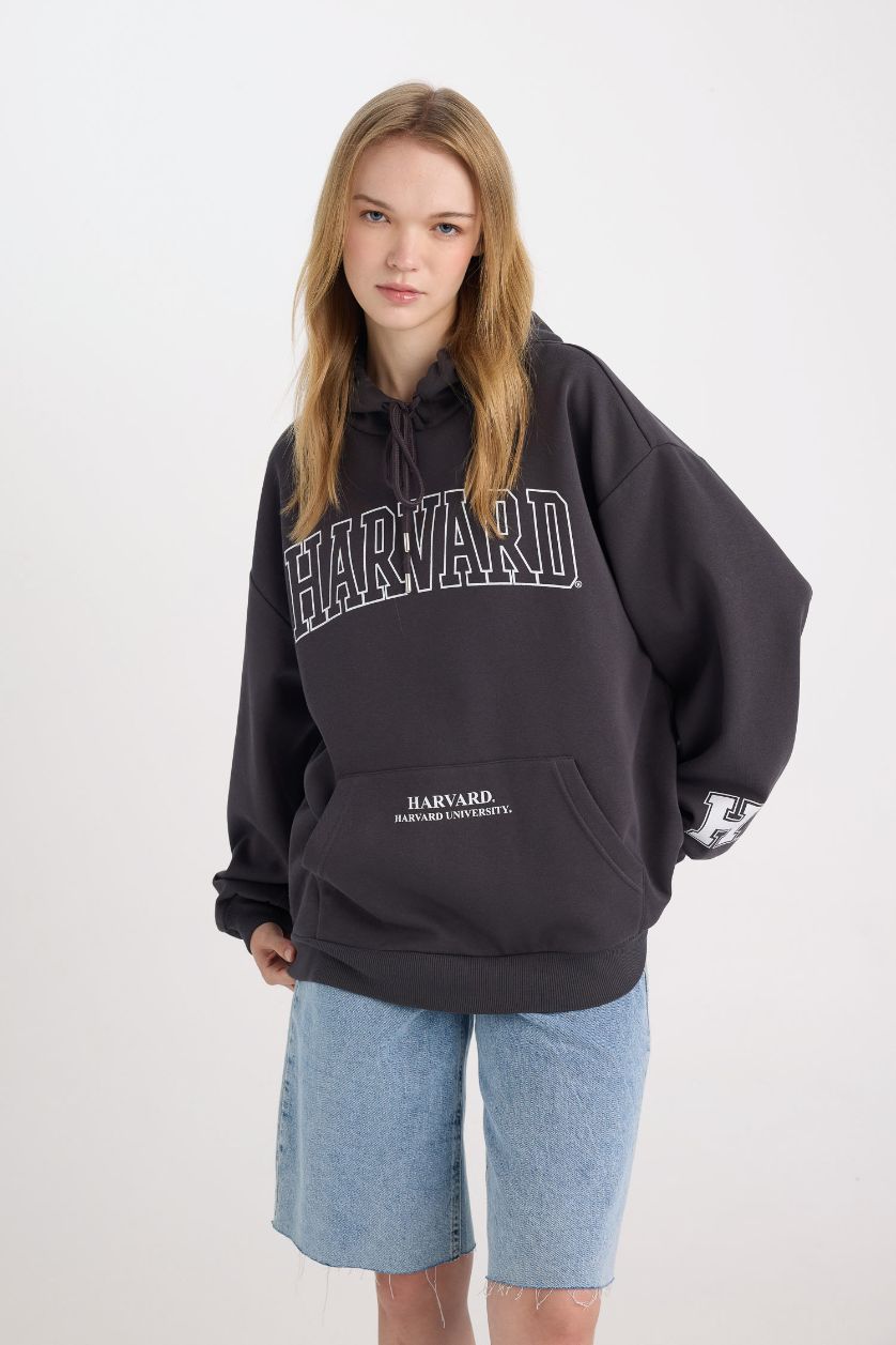 Kadın Antrasit Harvard University Oversize Geniş Kalıp Kapüşonlu Cepli Kalın Sweatshirt