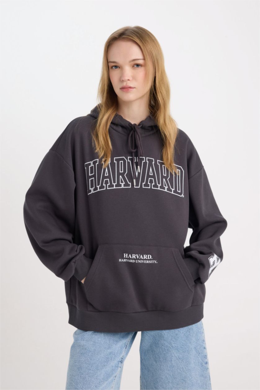 Kadın Antrasit Harvard University Oversize Geniş Kalıp Kapüşonlu Cepli Kalın Sweatshirt