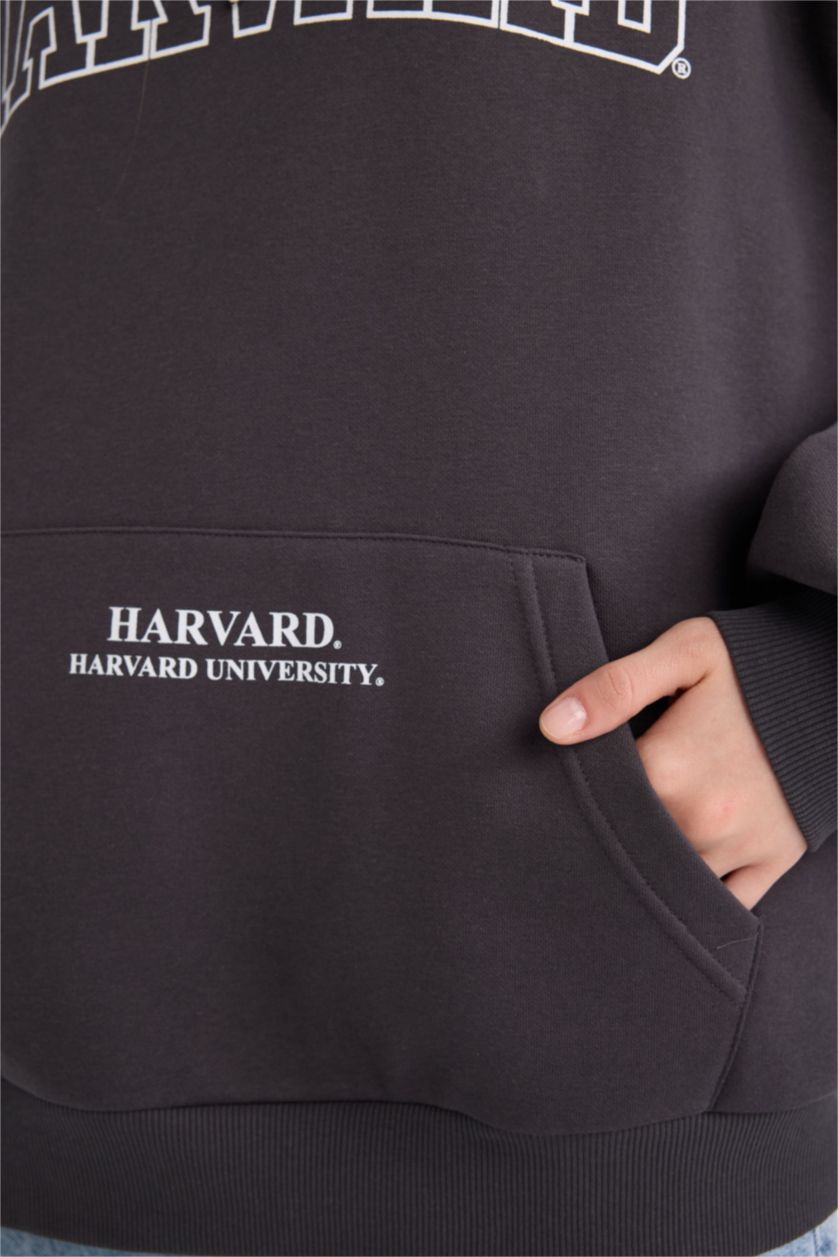 Kadın Antrasit Harvard University Oversize Geniş Kalıp Kapüşonlu Cepli Kalın Sweatshirt