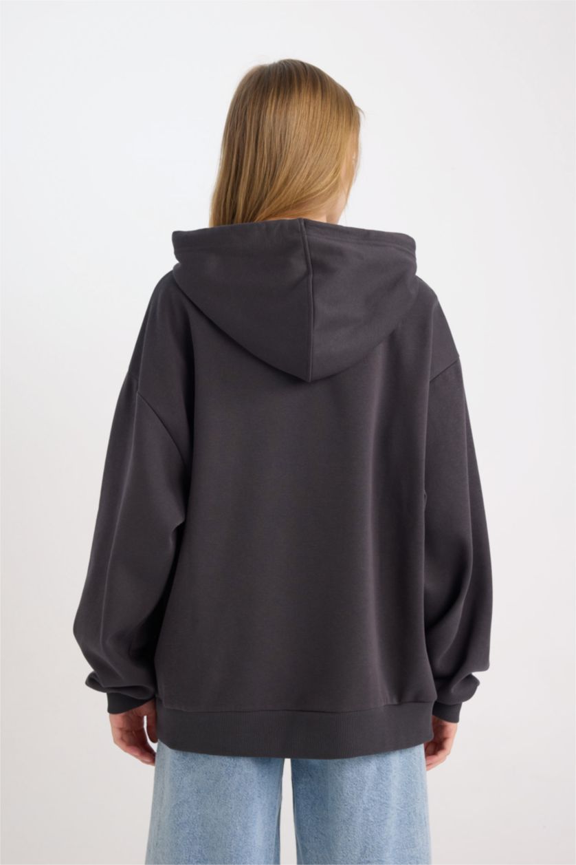 Kadın Antrasit Harvard University Oversize Geniş Kalıp Kapüşonlu Cepli Kalın Sweatshirt