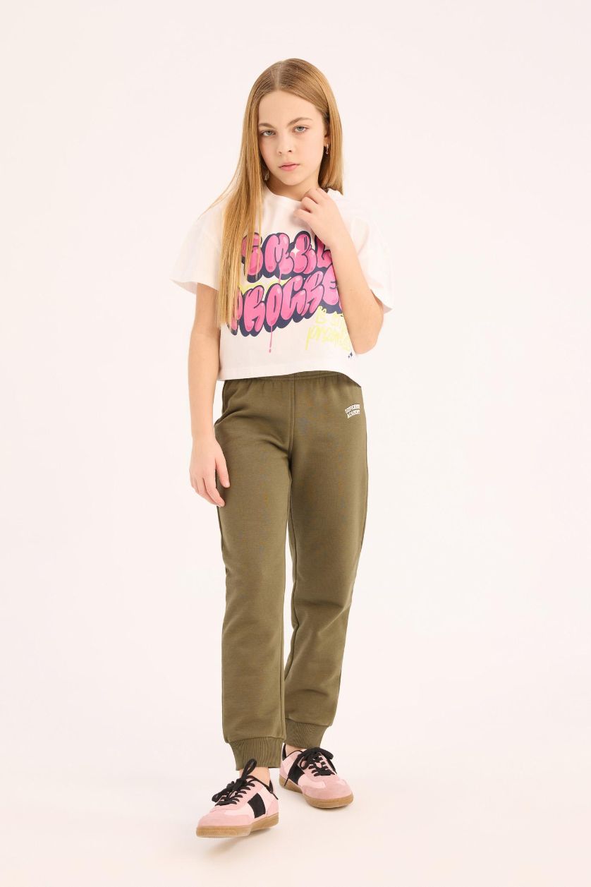 Girls & Teens Dark Khaki Girl Waist Elasticated Leg Printed Jogger Sweatpants