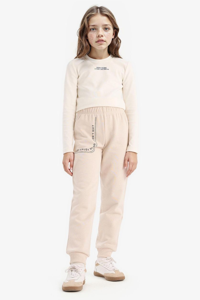 GIRLS & TEENS Beige Girl Printed Elastic Waist Leg Jogger Sweatpants
