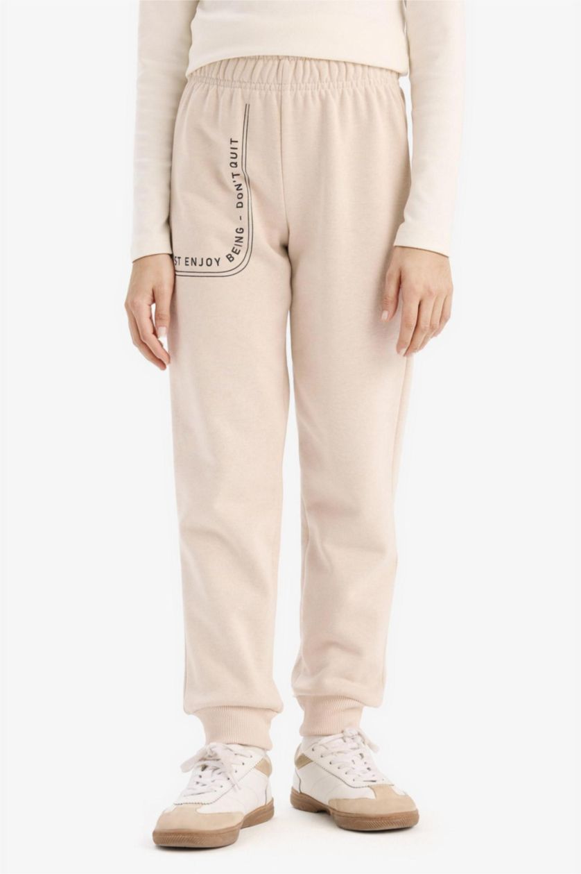 GIRLS & TEENS Beige Girl Printed Elastic Waist Leg Jogger Sweatpants