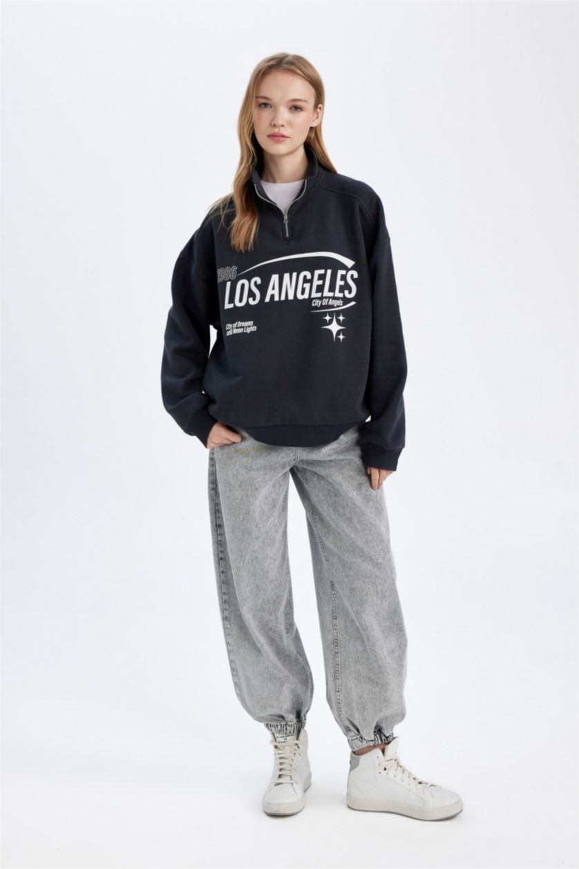 WOMAN Anthracite Loose Fit Half Zipper Stand Collar Printed Thick Sweatshirt