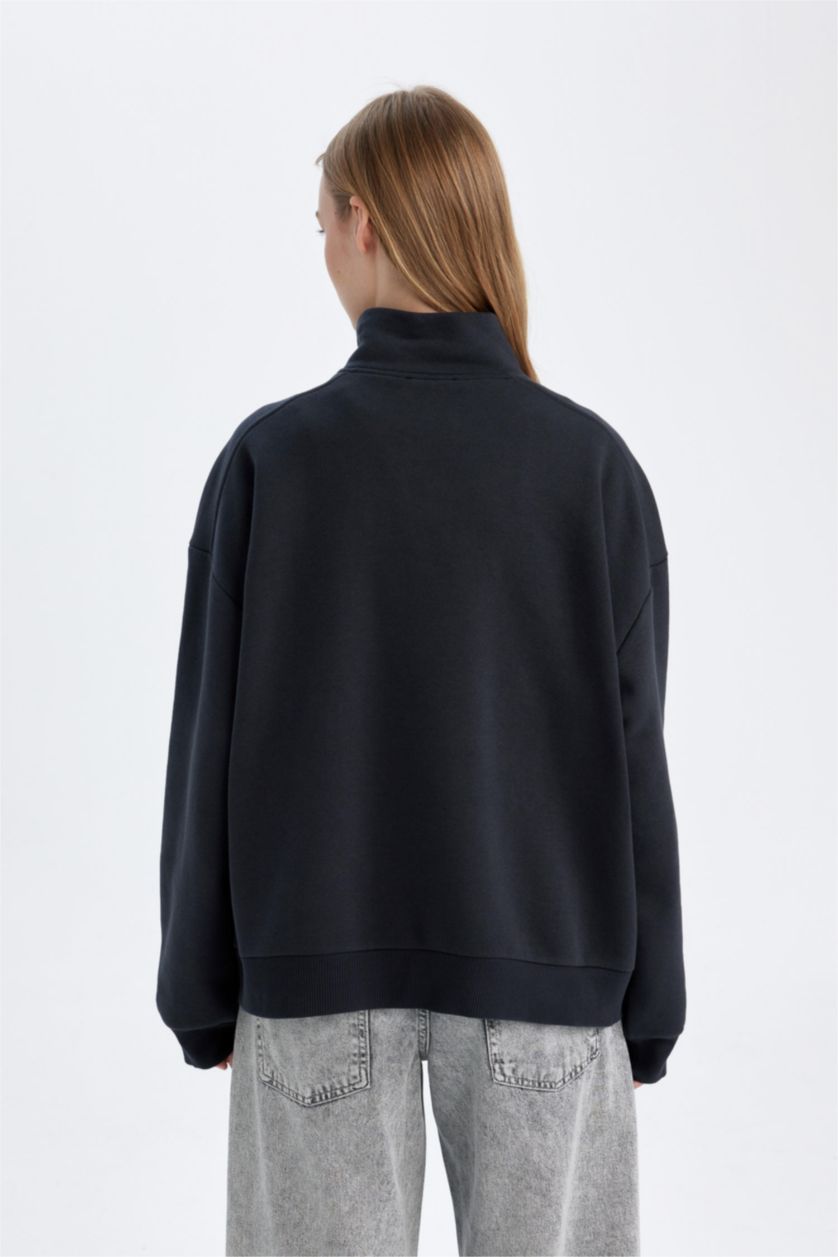 WOMAN Anthracite Loose Fit Half Zipper Stand Collar Printed Thick Sweatshirt