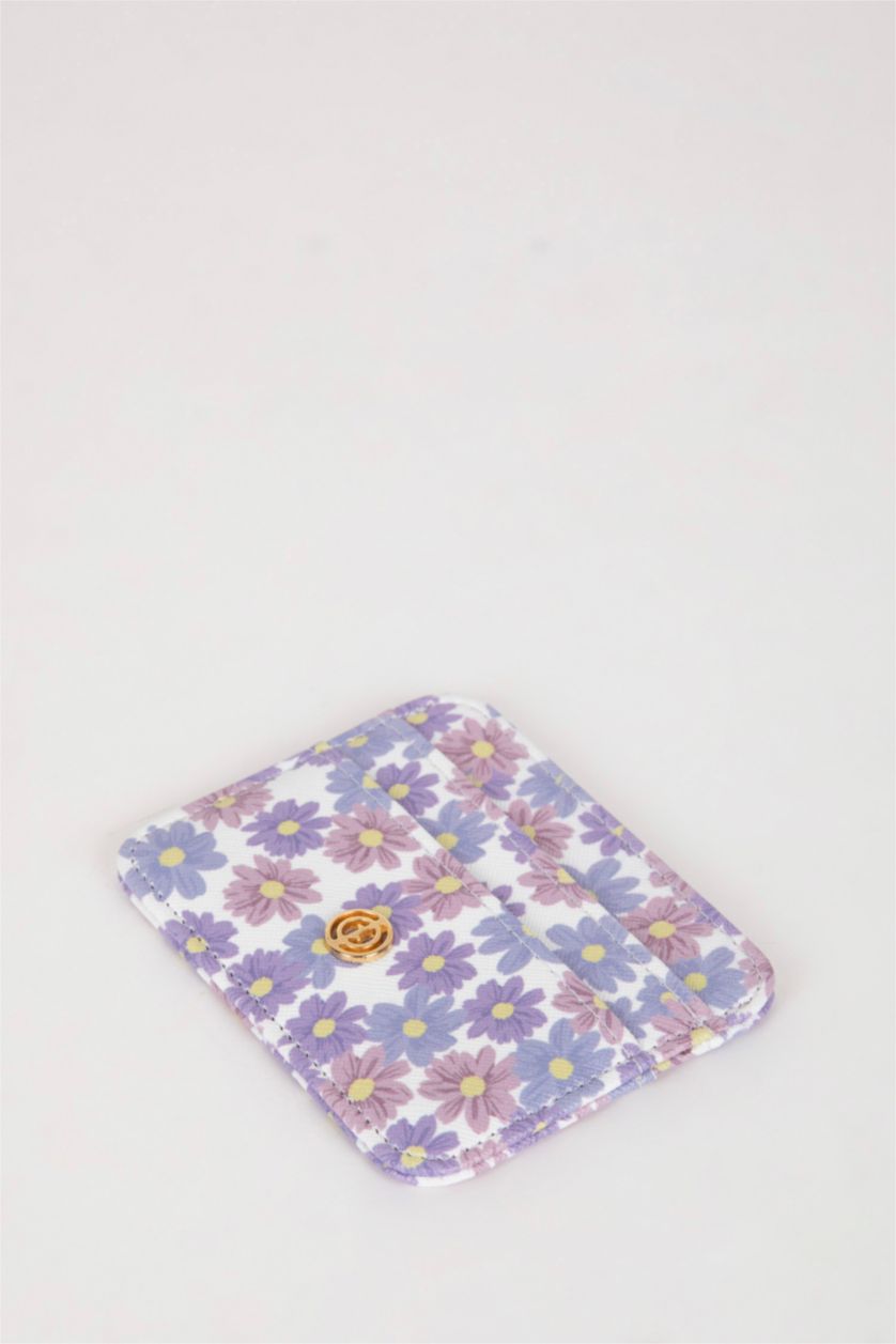 Kadın Lila Kadın Çiçek Baskılı Suni Deri Kartlık