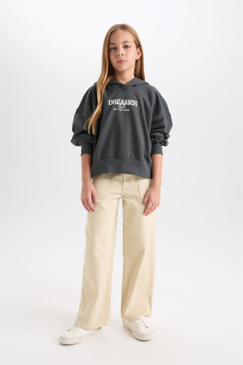 GIRLS & TEENS Dark Green Girl Oversize Hooded Printed Thick Sweatshirt