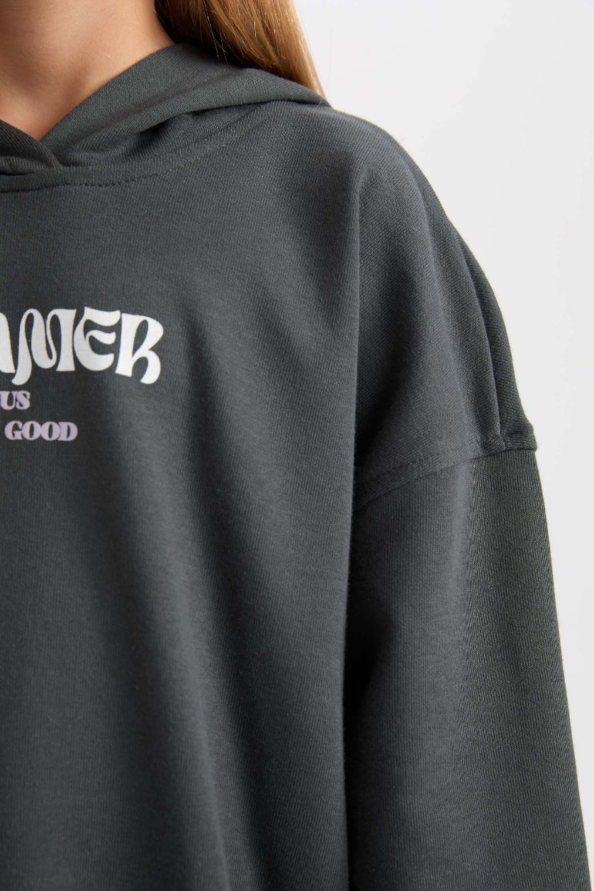 GIRLS & TEENS Dark Green Girl Oversize Hooded Printed Thick Sweatshirt