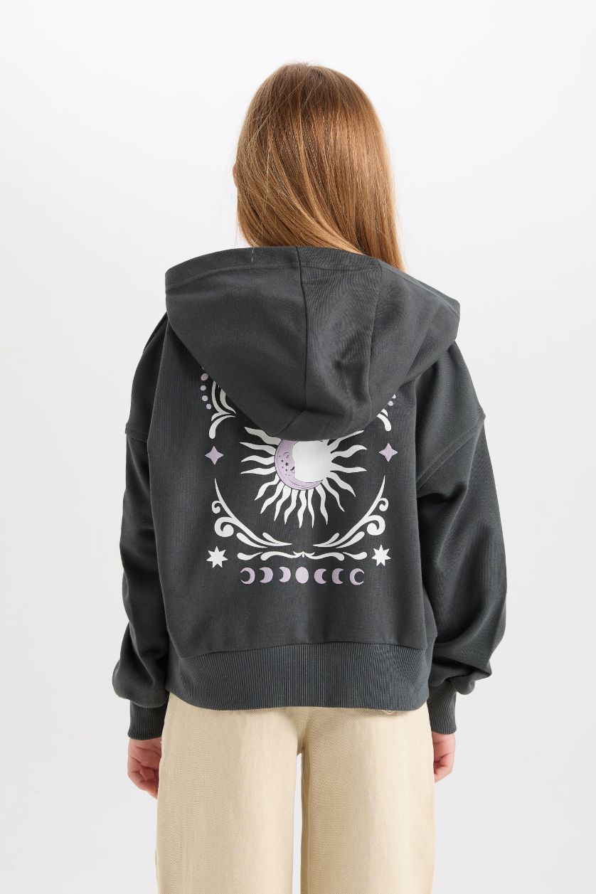 GIRLS & TEENS Dark Green Girl Oversize Hooded Printed Thick Sweatshirt