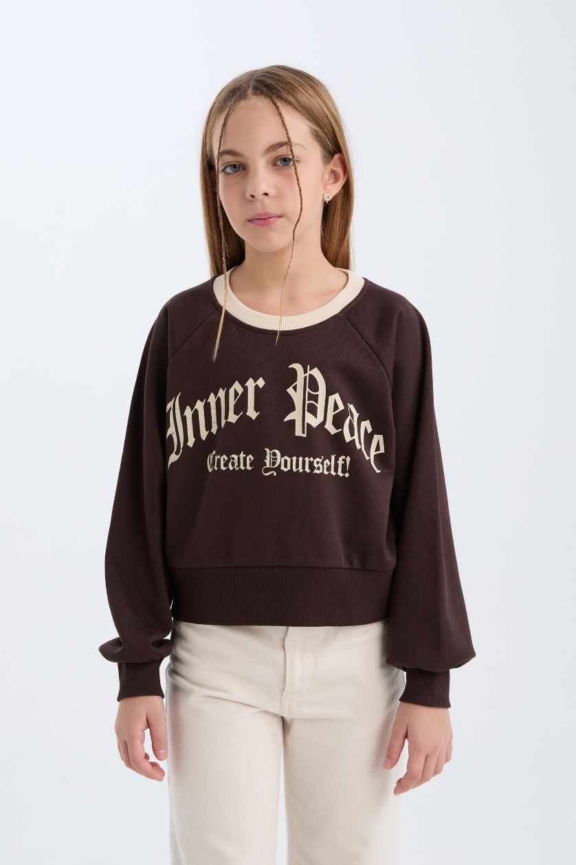 Kız Çocuk - Genç Kız Kahve Relax Fit Bisiklet Yaka Baskılı İçi Yumuşak Tüylü Sweatshirt Kız Çocuk