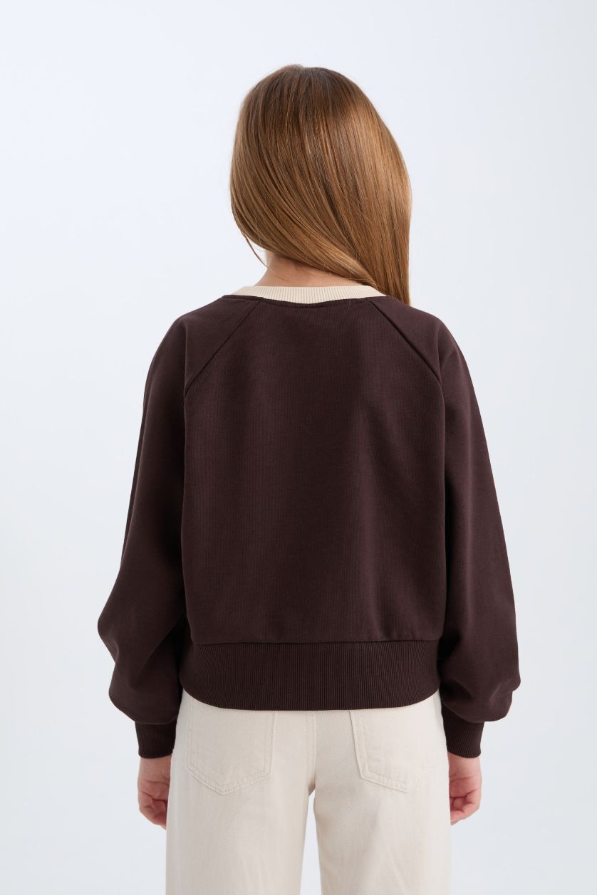 Kız Çocuk - Genç Kız Kahve Relax Fit Bisiklet Yaka Baskılı İçi Yumuşak Tüylü Sweatshirt Kız Çocuk