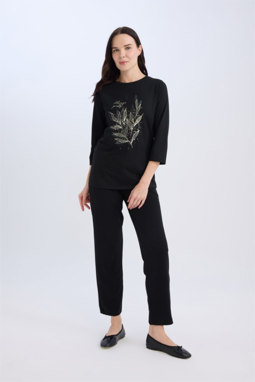 Kadın Siyah Regular Fıt Uzun Kollu Tişört