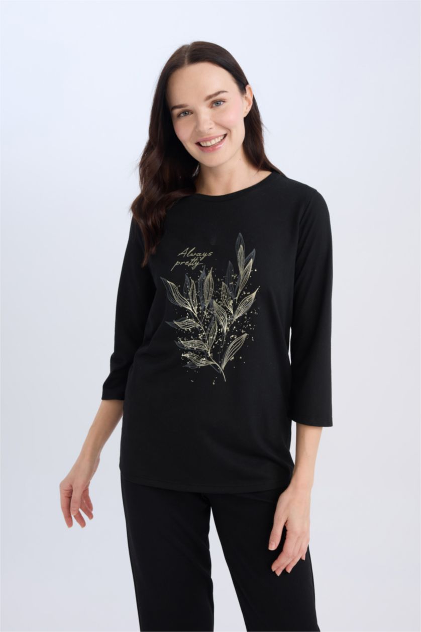 Kadın Siyah Regular Fıt Uzun Kollu Tişört