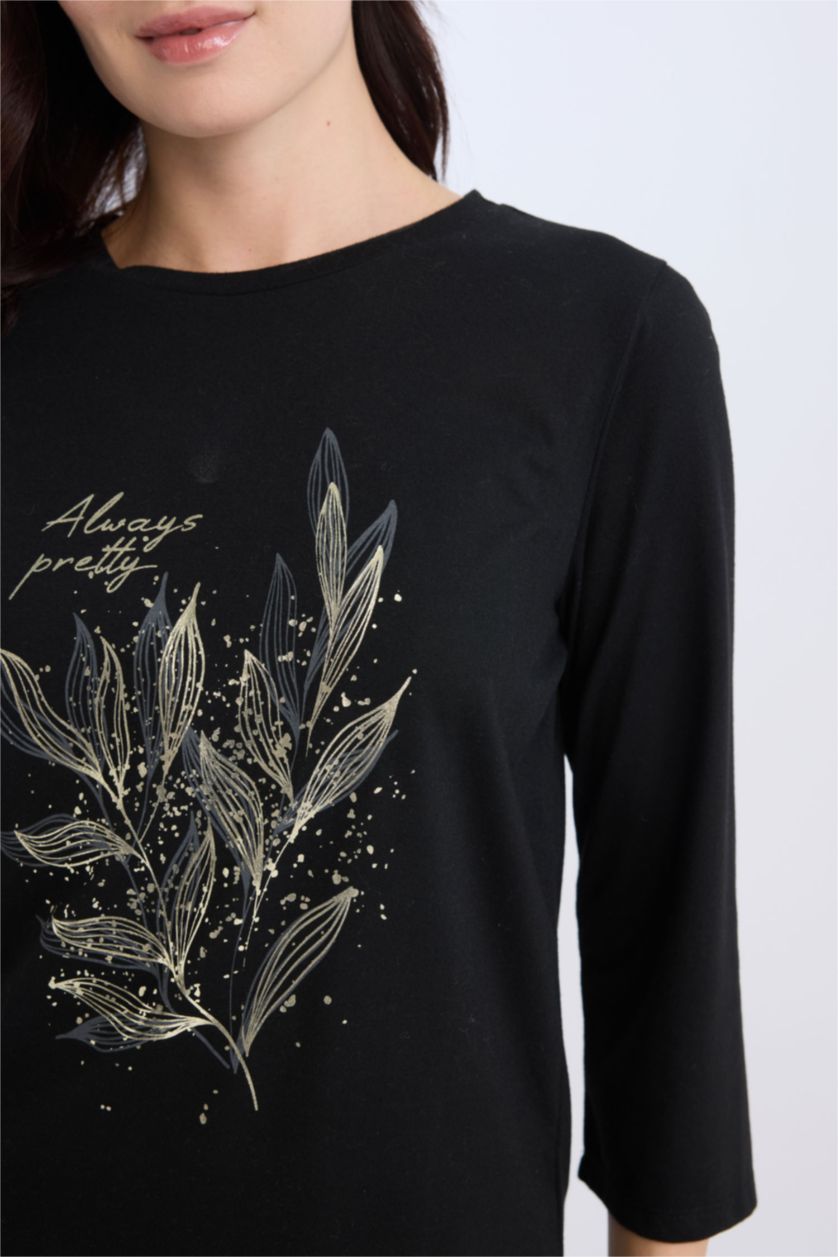 Kadın Siyah Regular Fıt Uzun Kollu Tişört