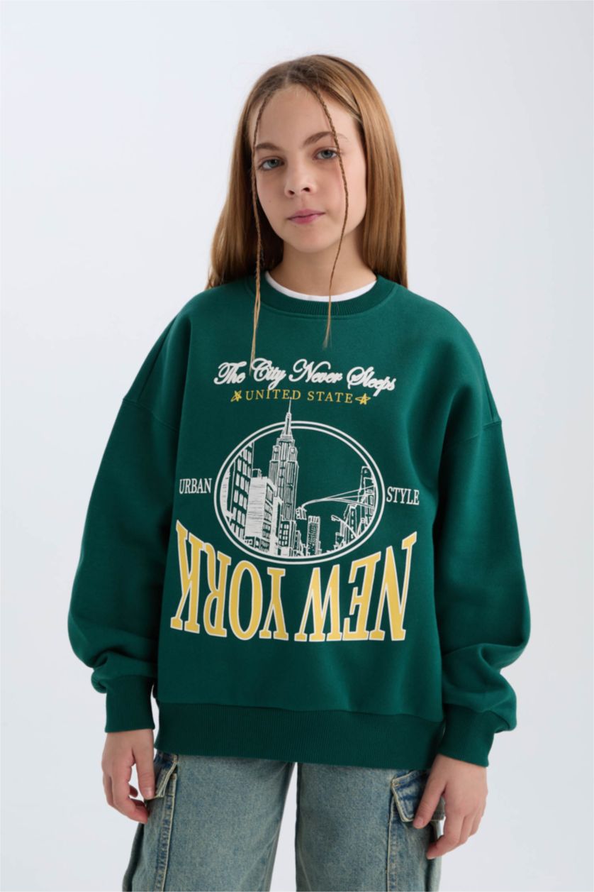 GIRLS & TEENS Dark Green Girl Oversize Crew Neck University Printed Sweatshirt