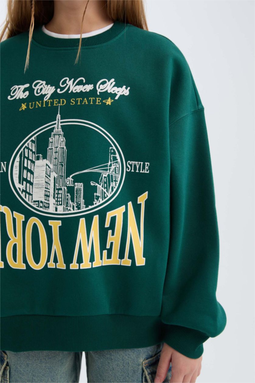 GIRLS & TEENS Dark Green Girl Oversize Crew Neck University Printed Sweatshirt