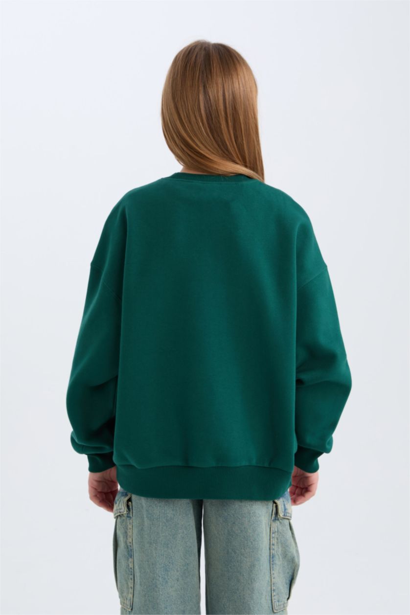 GIRLS & TEENS Dark Green Girl Oversize Crew Neck University Printed Sweatshirt