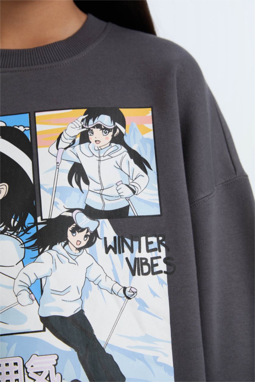 بناتي أنثرا سويت شيرت بناتي اوفر سايز رمادي مطبوع