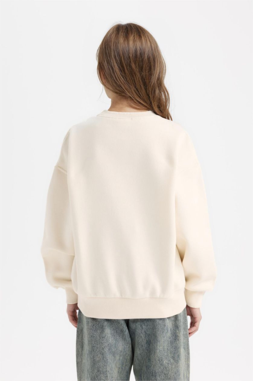 بنات بيج فاتح سويت شيرت بنات بطبعة شعار قصة مريحة برقبة مستديرة